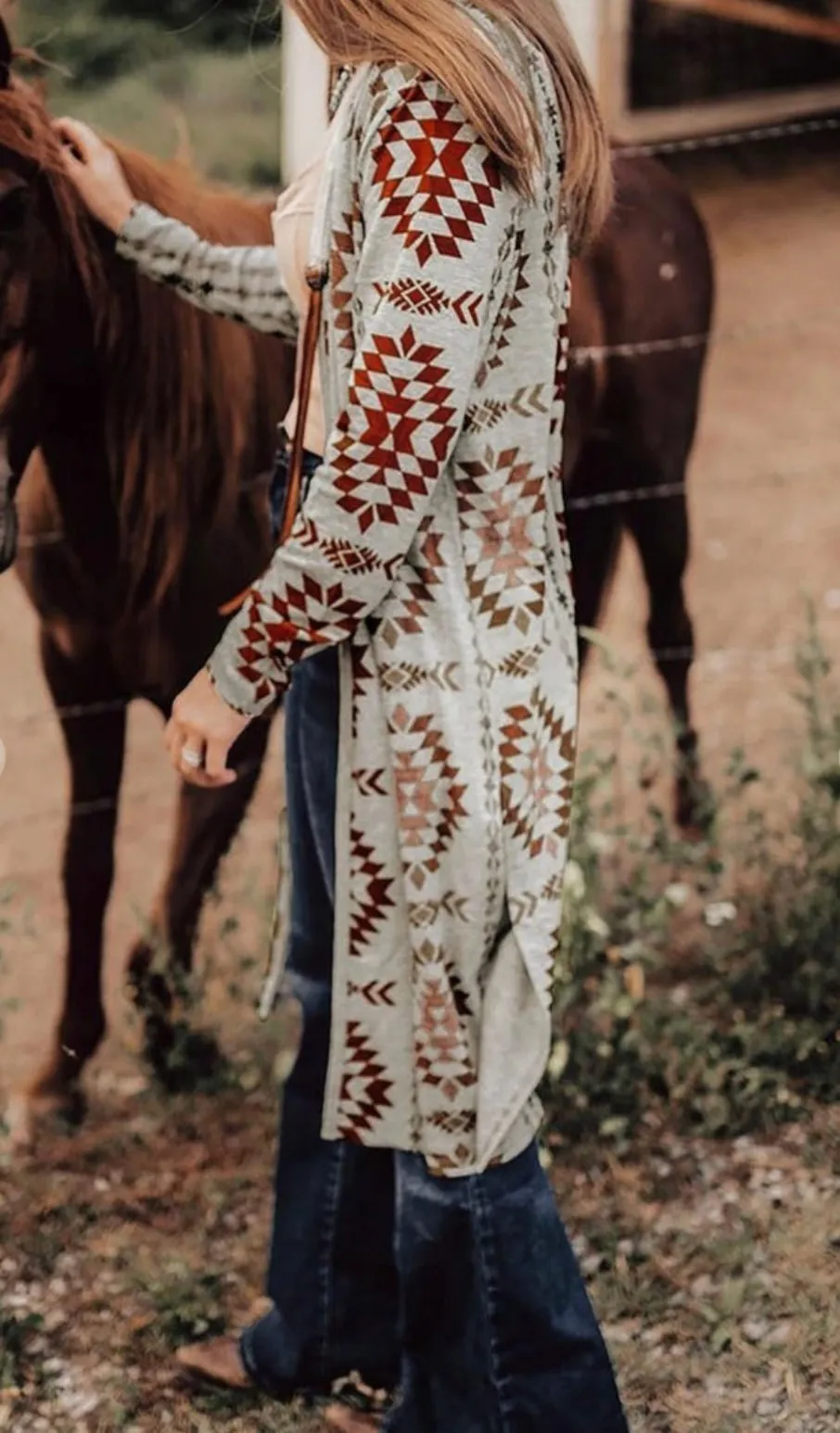 Western Aztec Open Front Long Cardigan