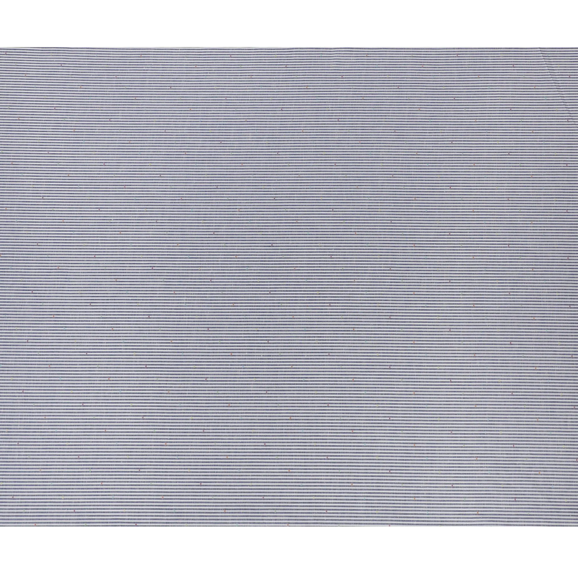 White blended cotton shirting fabric with blue print having multicolor jacquard in stripe design-D16617