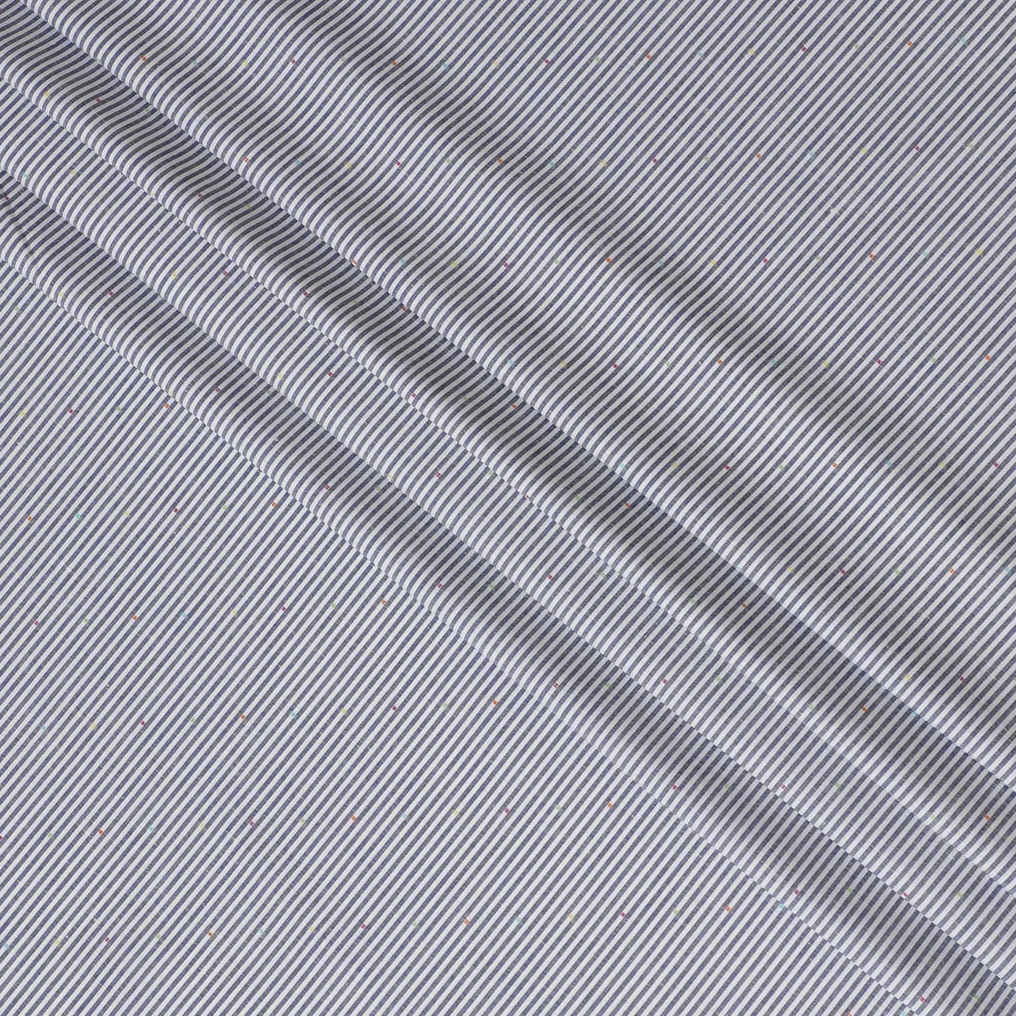 White blended cotton shirting fabric with blue print having multicolor jacquard in stripe design-D16617