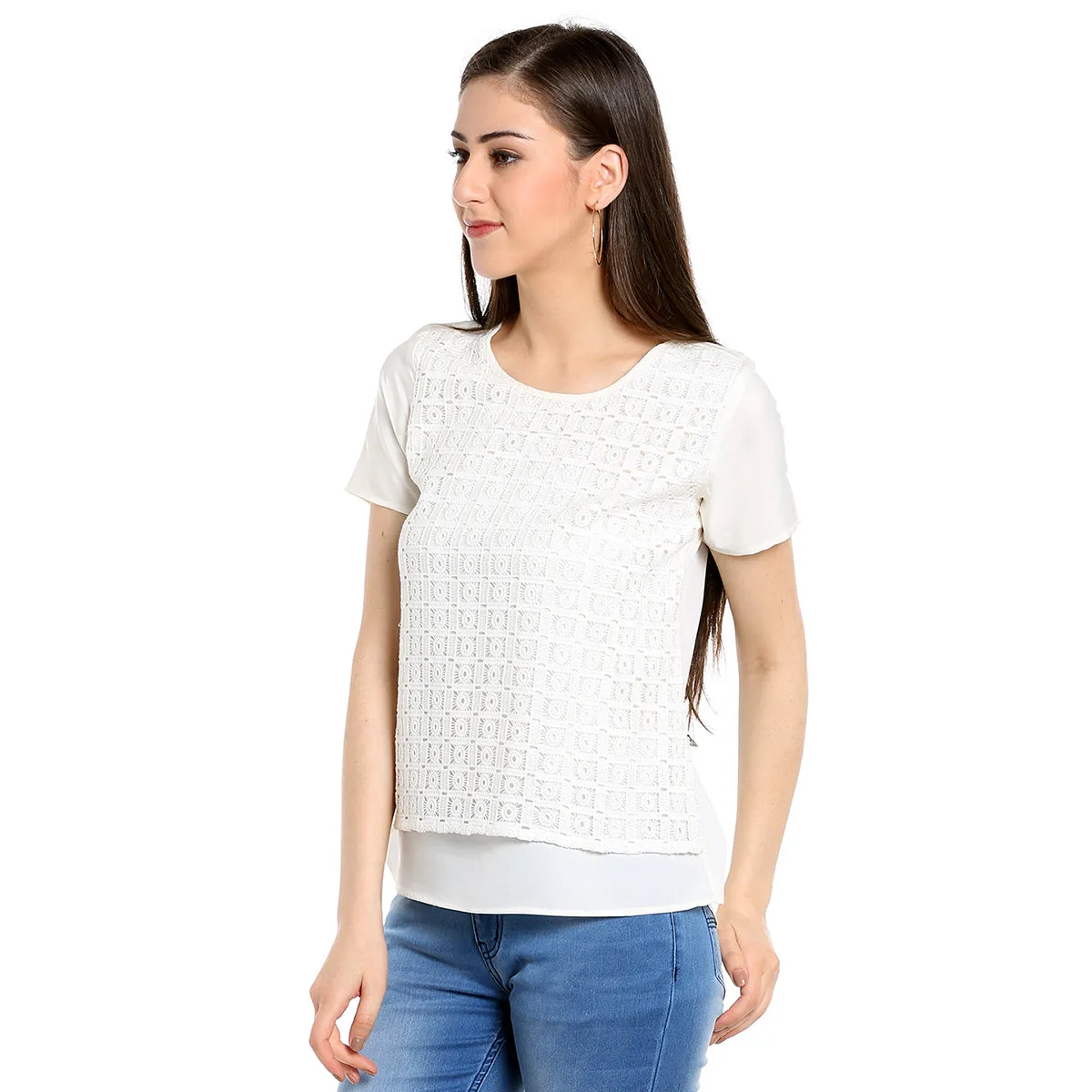 White Self Design Top
