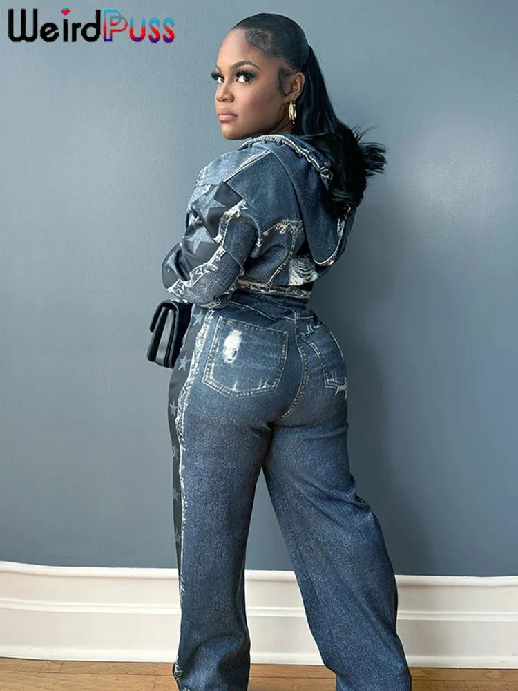 Women Stars Denim Print 2 Piece Set