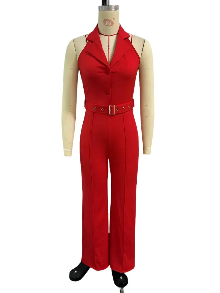 Women's Elegant Halter Backless Red Jumpsuit with Belt – Party Wide-Leg Romper, Fashion Birthday Clubwear Overalls