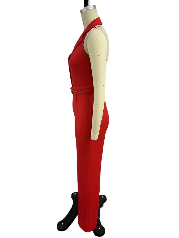 Women's Elegant Halter Backless Red Jumpsuit with Belt – Party Wide-Leg Romper, Fashion Birthday Clubwear Overalls