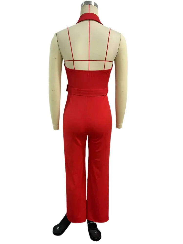 Women's Elegant Halter Backless Red Jumpsuit with Belt – Party Wide-Leg Romper, Fashion Birthday Clubwear Overalls