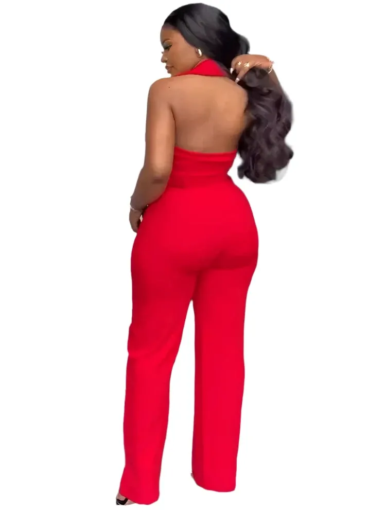 Women's Elegant Halter Backless Red Jumpsuit with Belt – Party Wide-Leg Romper, Fashion Birthday Clubwear Overalls