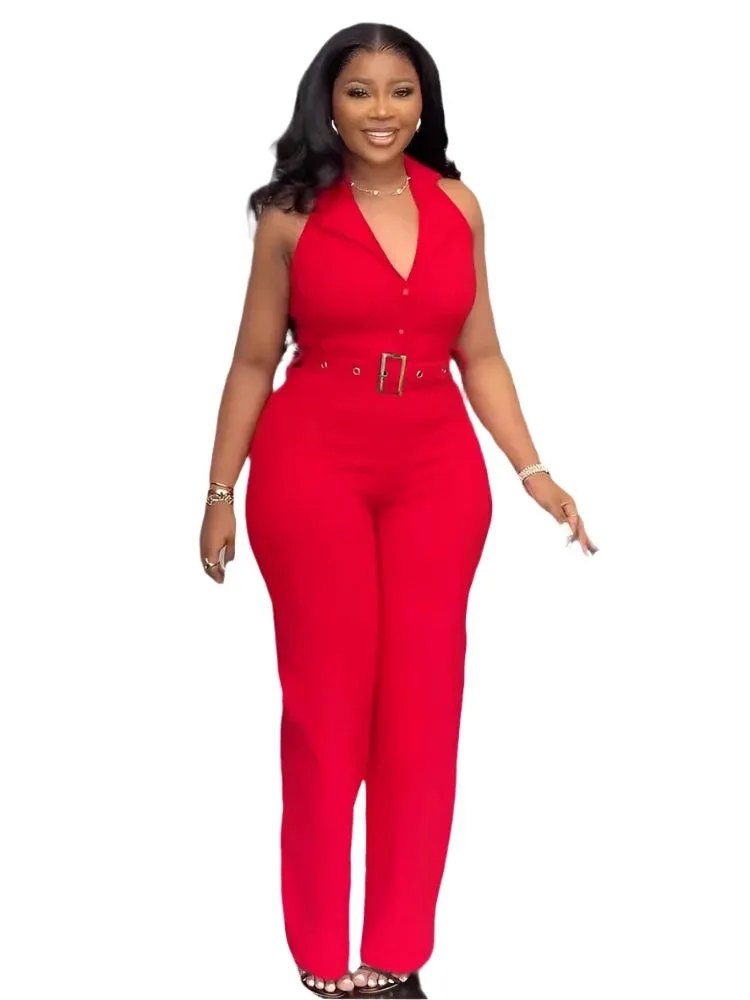 Women's Elegant Halter Backless Red Jumpsuit with Belt – Party Wide-Leg Romper, Fashion Birthday Clubwear Overalls