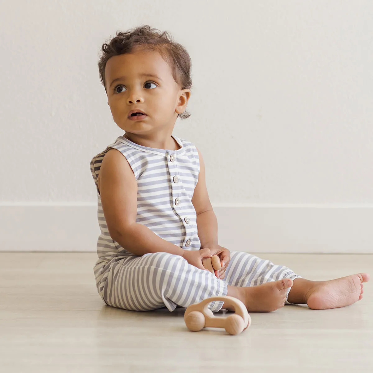 Woven Jumpsuit in Sky Stripe by Quincy Mae