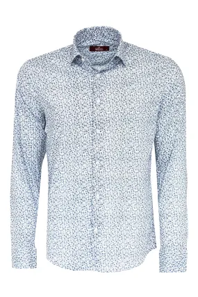 WSS Blue Floral Patterned Slim Fit White Men Shirt  - Singen