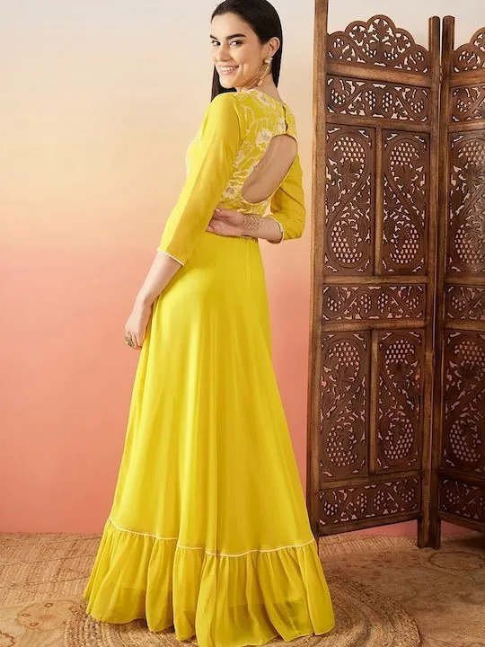 Yellow Sequence Embroidered Flared Maxi Ethnic Dresses