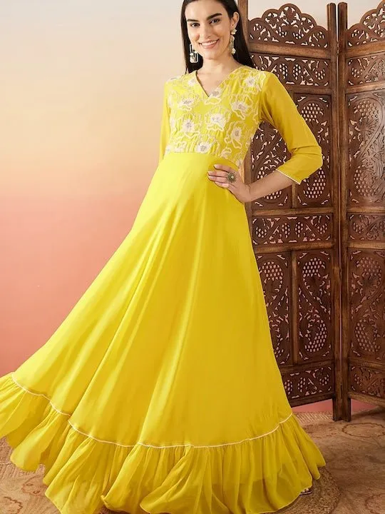 Yellow Sequence Embroidered Flared Maxi Ethnic Dresses
