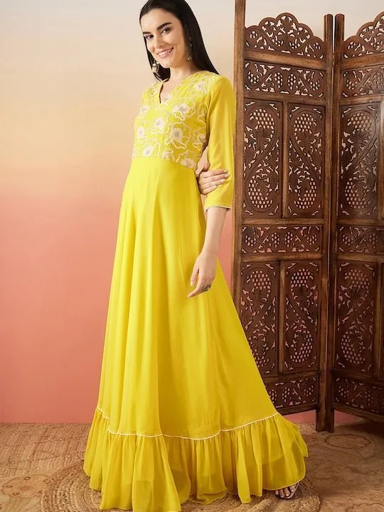 Yellow Sequence Embroidered Flared Maxi Ethnic Dresses