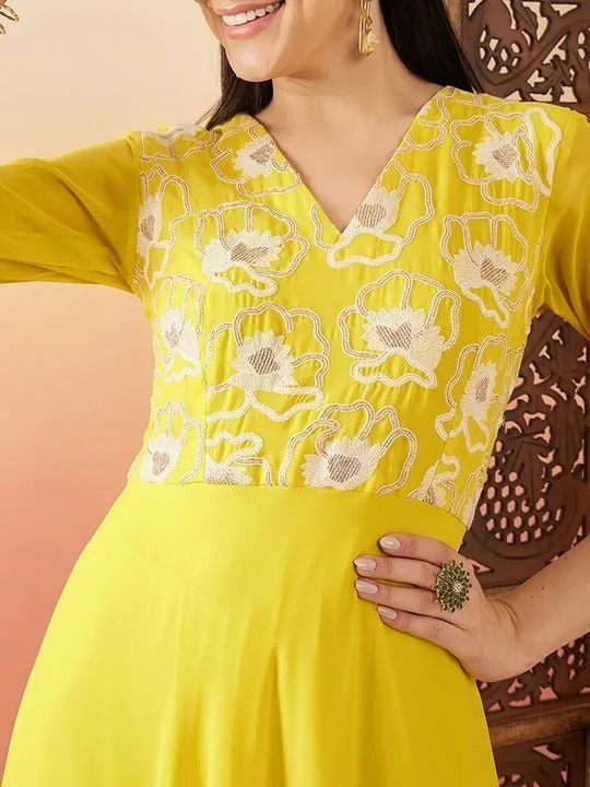Yellow Sequence Embroidered Flared Maxi Ethnic Dresses