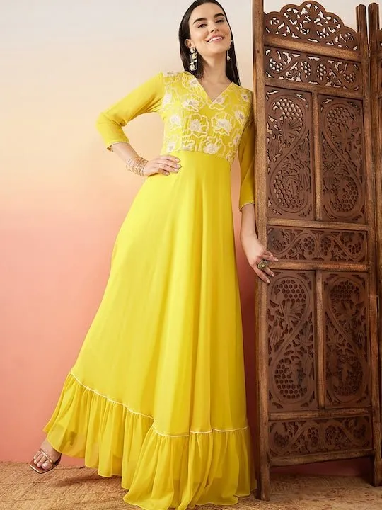Yellow Sequence Embroidered Flared Maxi Ethnic Dresses